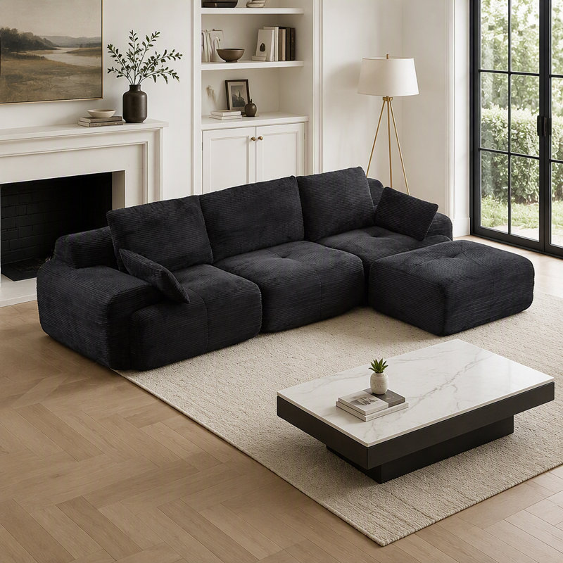 Canapé d'angle modulaire Cloud en velours côtelé noir moderne, en forme de L, assise extra profonde avec mousse à mémoire de forme compressée, adapté aux animaux de compagnie et facile à nettoyer pour les grands salons et les sous-sols.