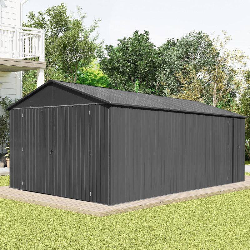 Outdoor Metal Garage Shed, Extra Large Metal Carport With Lockable Double Hinged Doors, Heavy Duty Car Shelter For Car, Truck, Motorcycle And Lawn Equipment, Dark Grey