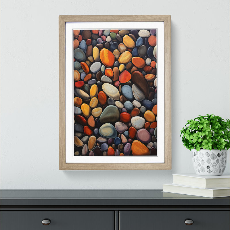 Pebbles Hard Edge Painting - Single Picture Frame Print on Wood, Oak Framed, 64cm H x 46cm W x 2cm D