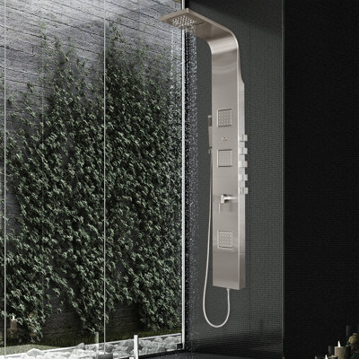 Waimea 6-in ShowerSpa with Dual-function Rain and Waterfall Showerhead with 3-Oversized Body Sprays and Handshower Brushed Stainless Steel