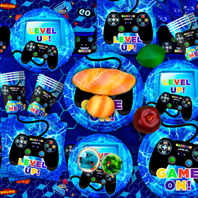 Ensemble de vaisselle Gamer Birthday Decorations, 65 pièces, bleu