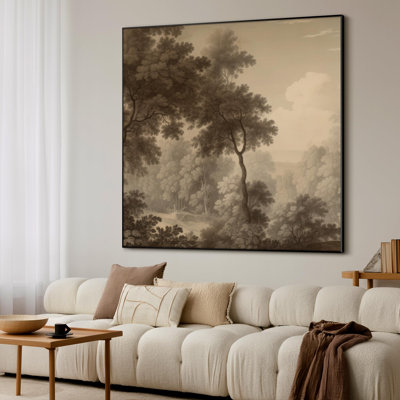 Très grand imprimé mural d'art sur toile - Paysage de forêt sépia, art graphique de décoration pour le salon ou la chambre à coucher - «Assemblage requis du cadre (cadre non fini)»