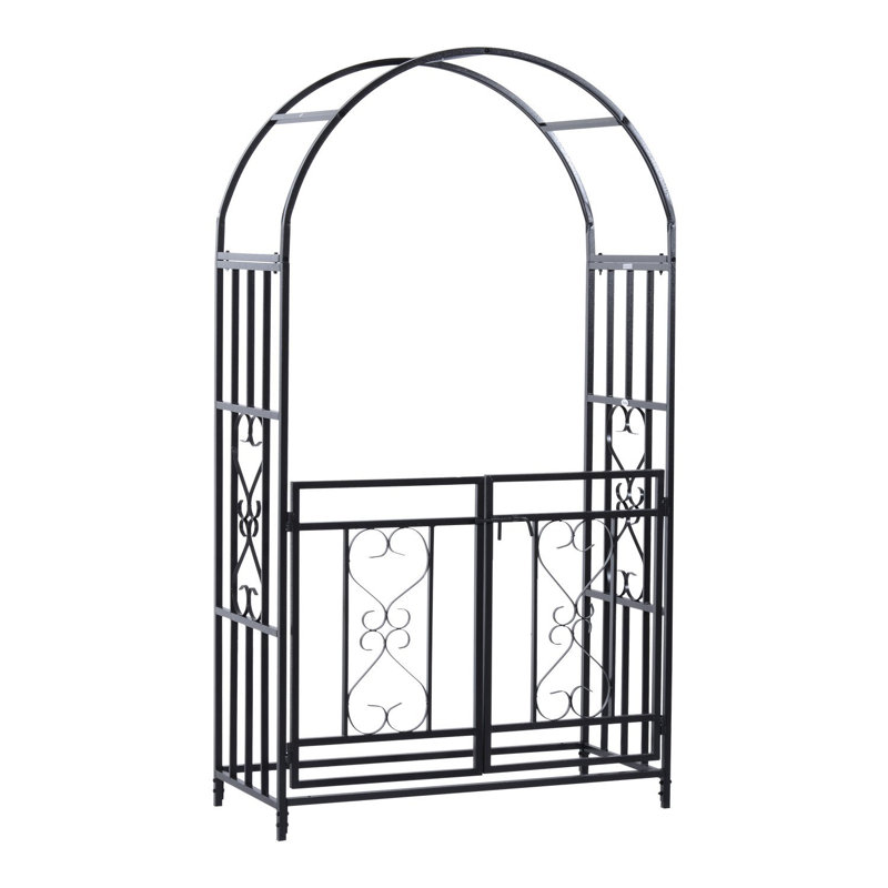 Black Steel Garden Arbor with Gate and Scrollwork