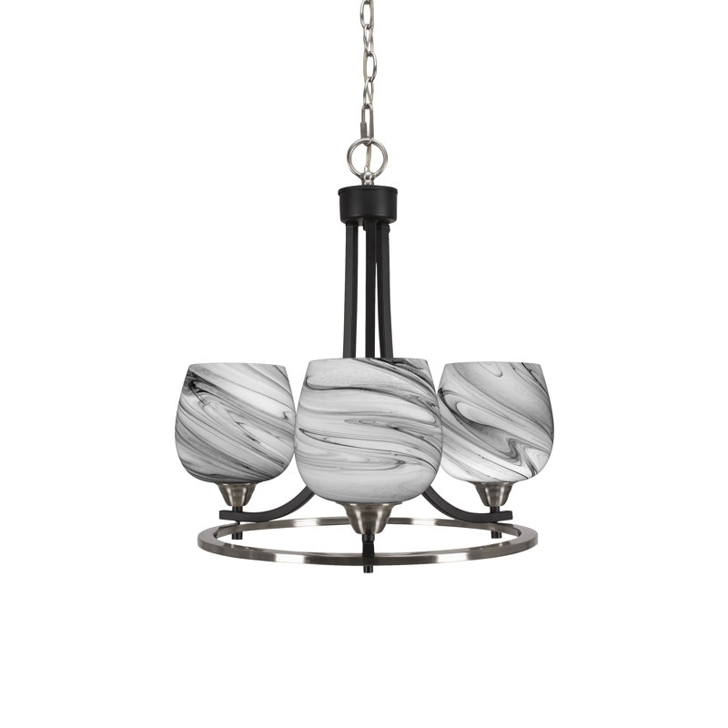Paramount 3 Light Uplight Chandelier With 6" Onyx Swirl Glass, Matte Black/Brushed Nickel