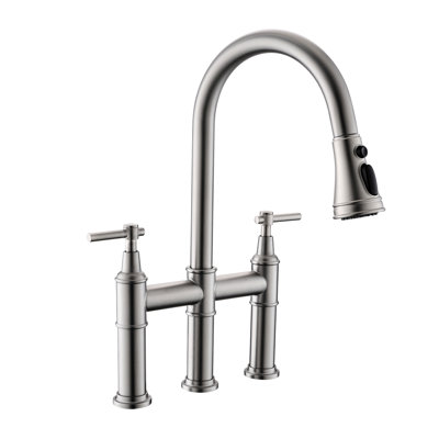 Kitchen Sink 3 Hole Faucet, Pull Down In Brushed Nickel, 2 Handles, Modern Design Bridge Faucet With Pull-Down, Construction