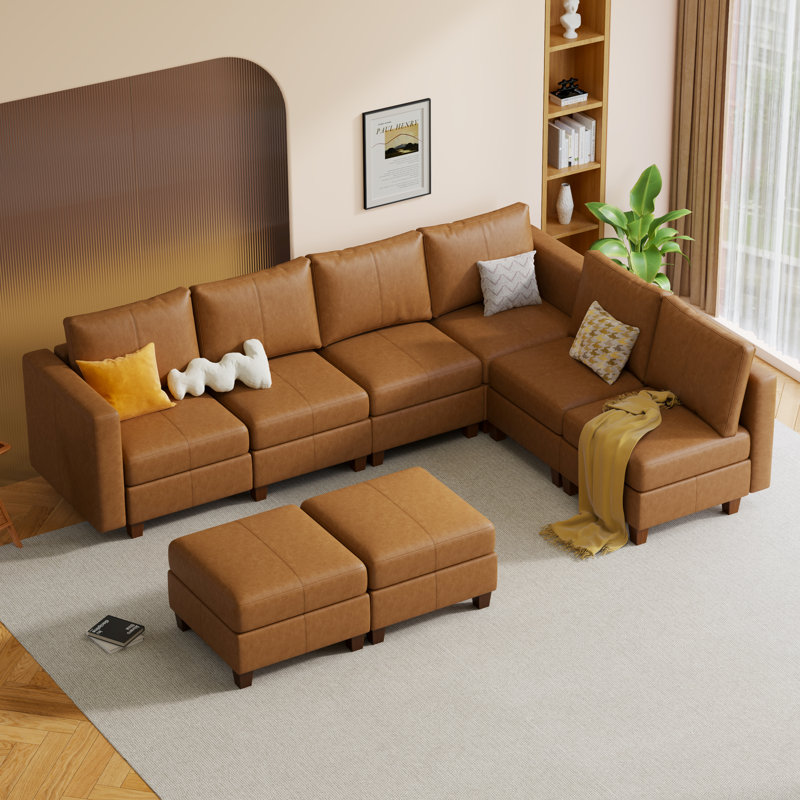 MINCETA Canapé modulaire modulaire avec repose-pieds avec rangement, canapé modulaire rembourré et confortable pour salon, chambre à coucher, canapé en L 6 places avec 2 repose-pieds, similicuir brun