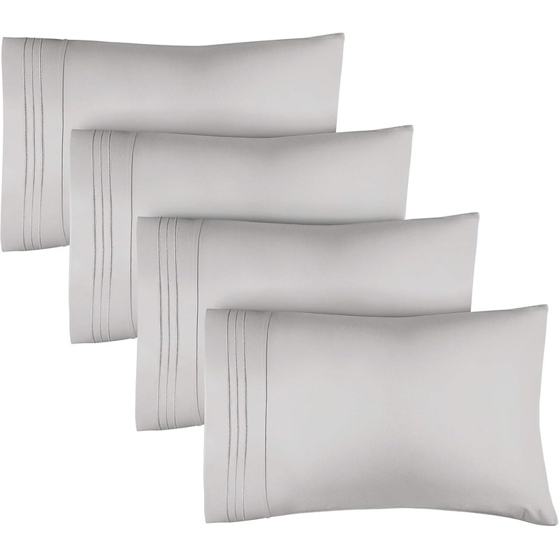 Pillowcase Set, Soft Double Brushed Microfiber, Cooling & Breathable Pillow Covers, Set of 4, Light Gray, Queen