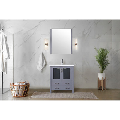 30 po Large meuble-lavabo gris foncé pour salle de bain, comptoir en céramique blanche, miroir rectangulaire à 28 po, porte d'armoire à fermeture en douceur, meuble-lavabo à deux tiroirs avec rangement 18,25 po, tiroir carré à fermeture murale
