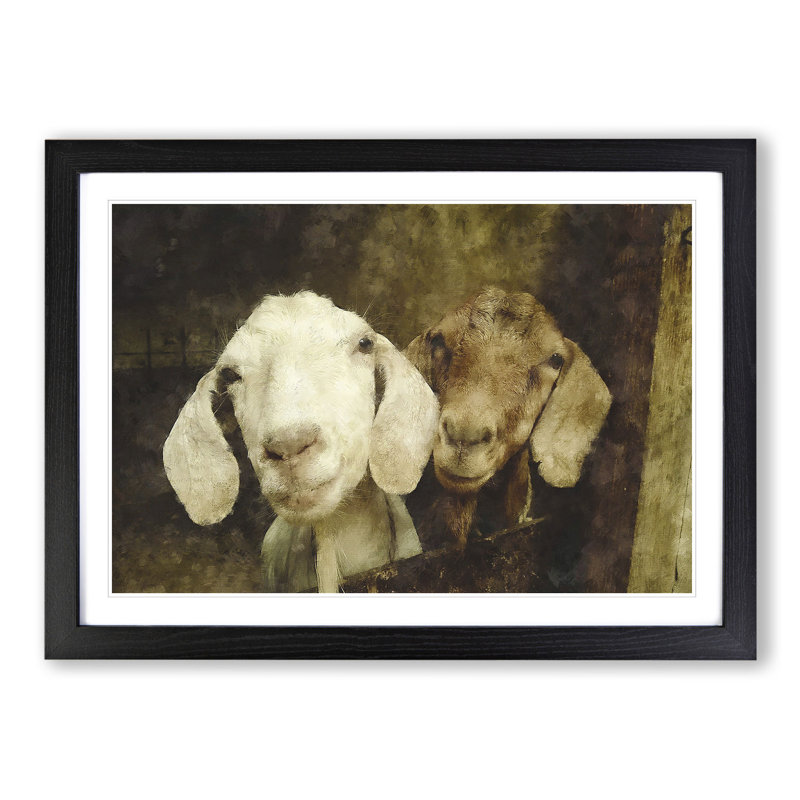 Pair of Goats - Picture Frame Painting, 27cm H x 36cm W x 2cm D, Black Framed
