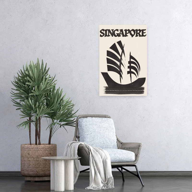 Singapore Junk Sail Minimalist Retro Traditional City Ocean Wall Art Print 1 Piece Wrapped Canvas Wall Art