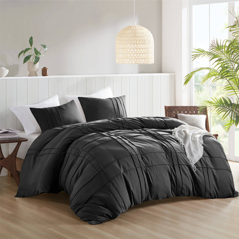 Ensemble de housse de couette plissée Harris, Housse de couette simple / simple TG et 1 taie dé, Noir