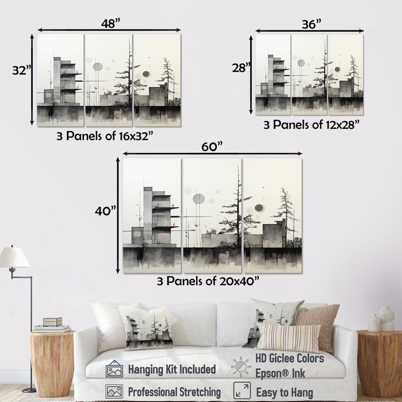 Carreau de forêt géométrique blanc et gris 1 - mosaïque boho, Toile tendue, H 40 po x l 61 po x P 1 po