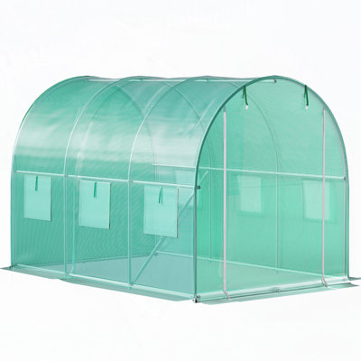 Walk-in Tunnel Greenhouse, 15 x 6.5 x 7 ft Portable Plant Hot House w/ Galvanized Steel Hoops, 1 Top Beam, Diagonal Poles, Zippered Door & 8 Roll-up Windows, White