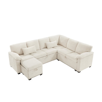 97 Inch L-Shaped Corner Sectional Sofa Couch with Seat and Storage Ottoman,Chenille Fabric Corner Couch with 7 Seats & 2 Pillows for Living Room, Beig by Latitude Run