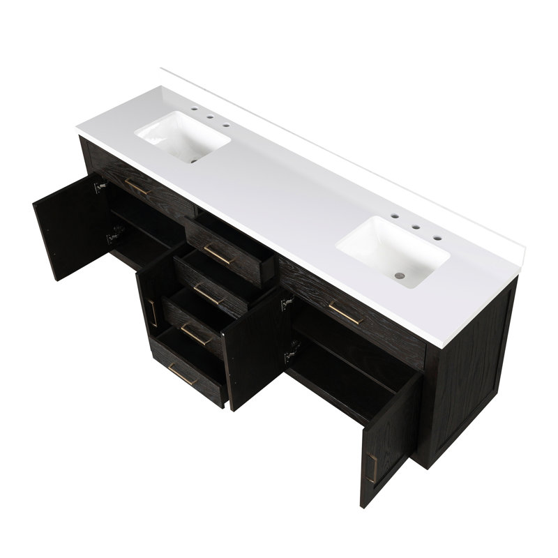Meuble-lavabo double en chêne brun l 84 po x P 22 po - Surface en quartz blanc Armoire de salle de bain 22 po avec dessus enraciné