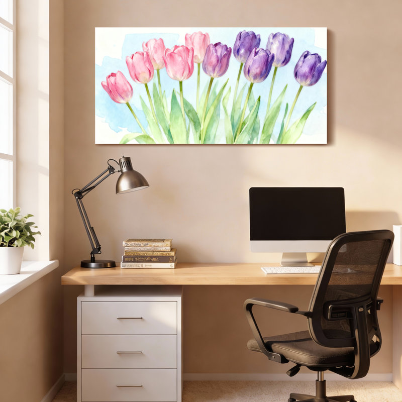 Ensemble de 1 tableau mural à motif floral de tulipes à l'aquarelle, H 12 po x l 36 po
