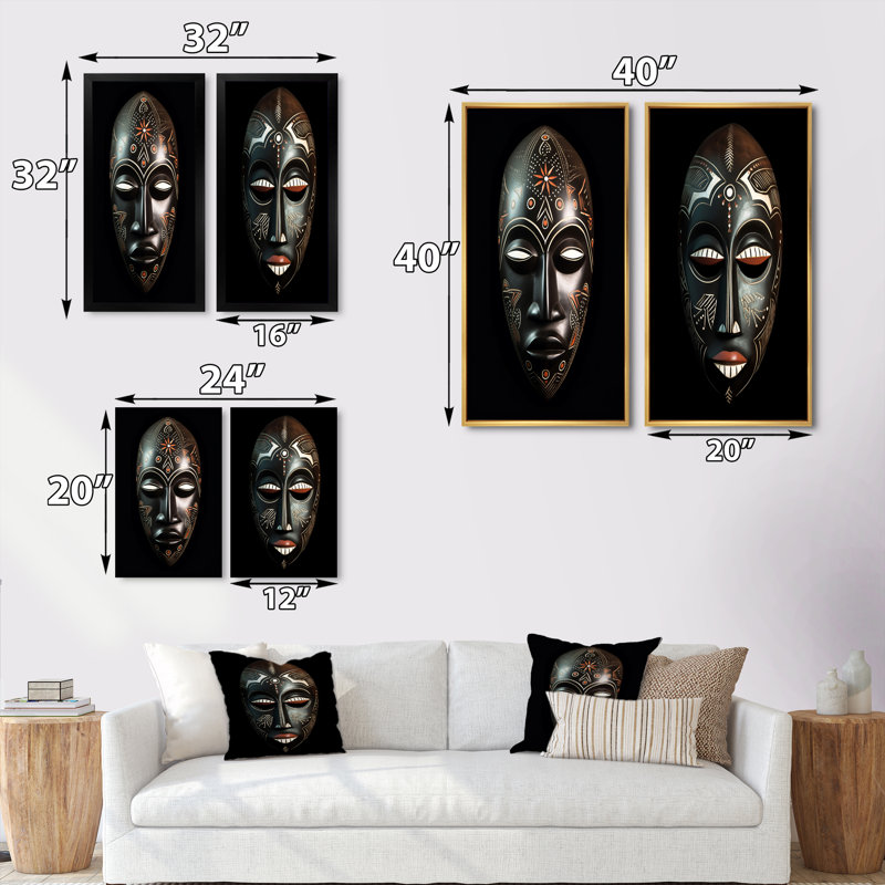 2 pièces sur toile - Masque africain traditionnel vietnamien, H 40 po x l 40 po, Encadrement brun