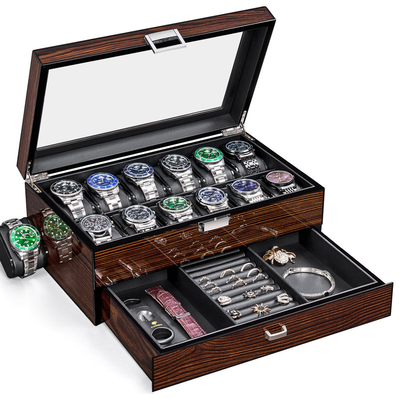 Boîte de montre haut de gamme, boîte de montre en bois de luxe à 12 fentes avec tiroir pour valet, vitrine de montre à 2 couches