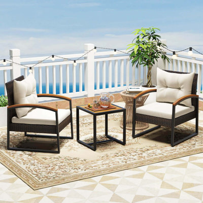 Ensemble de conversation de patio 3 pièces avec table basse et accoudoirs en bois d'acacia massif