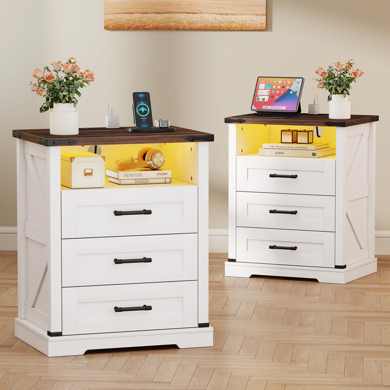 Wooden Farmhouse Style Night Stand With 3 Drawers, Nightstand Set of 2 with Charging Station, White End Table With LED Light
