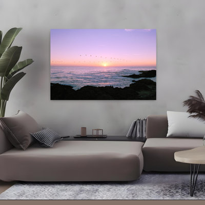 Coucher de soleil sur l'océan avec une volée d'oiseaux, Mendocino, Mendocino County, Californie, États-Unis, art contemporain