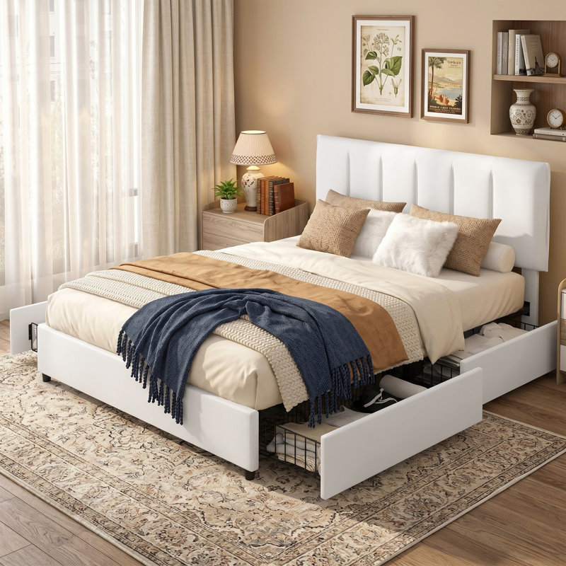 Lit plateforme tapissier avec rangement Cahlin, Double, Blanc