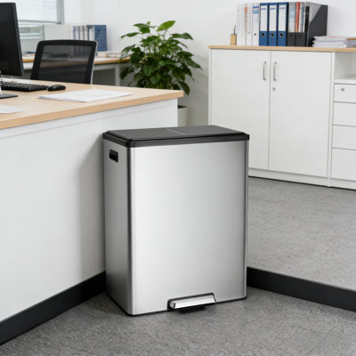 2 x 8 gal Stainless Steel 2 x 30 L (60 L) Kitchen Trash Can with Double Compartment, Lid and Foot Pedal