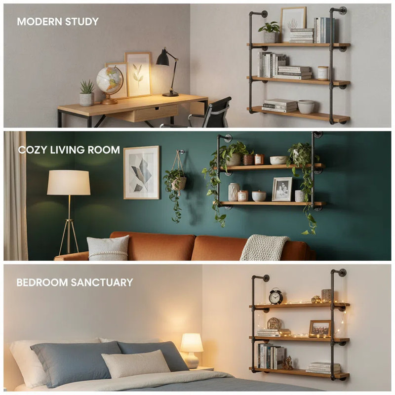 Industrial Wall Mount Iron Pipe Shelf, DIY Open Bookshelf, Retro Storage Shelves Pipe Shelving Hung Bracket  (2 Pcs 4Tier Hardware Only)