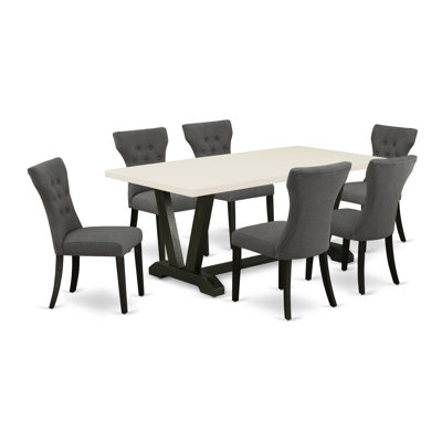 7-Piece set a fantastic Linen White Rectangular Table top and 6 Dark Gotham Grey Kitchen Parson Chair with Nail heads and Button Tufted, Wire Brushed Black Finish