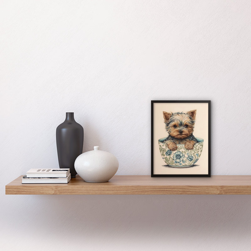 Cute Teacup Yorkshire Terrier Dog In Floral Pattern Tea Cup Watercolour - Single Picture Frame Print