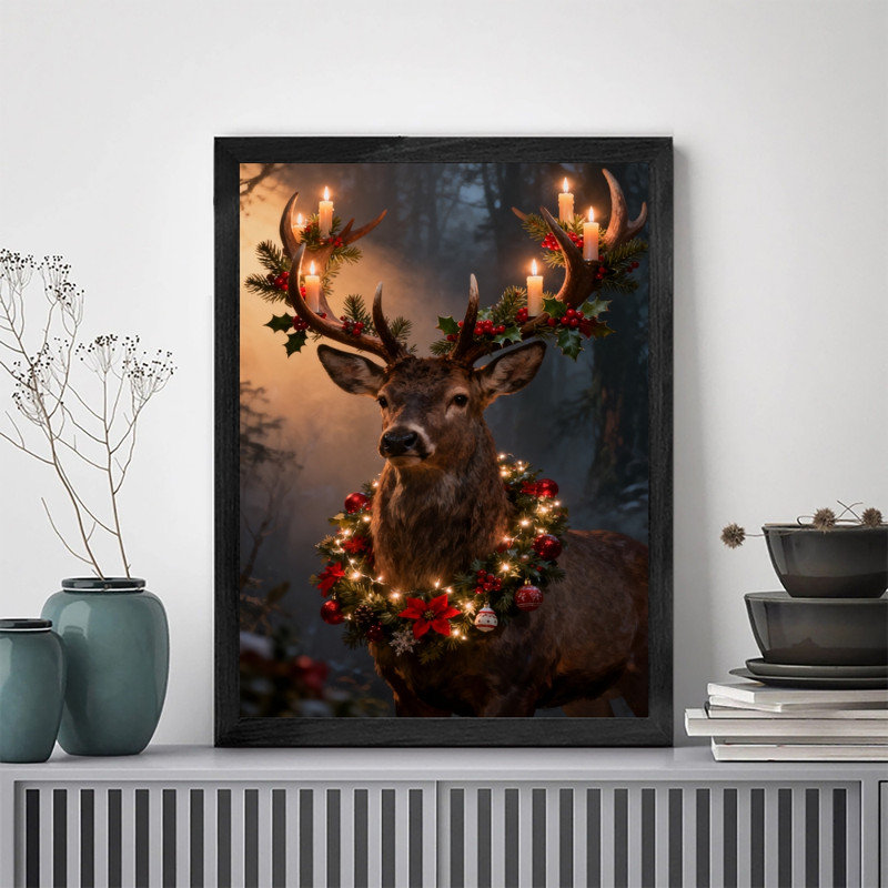 Art mural noir avec renne de Noël encadré, H 25 po x l 17 po