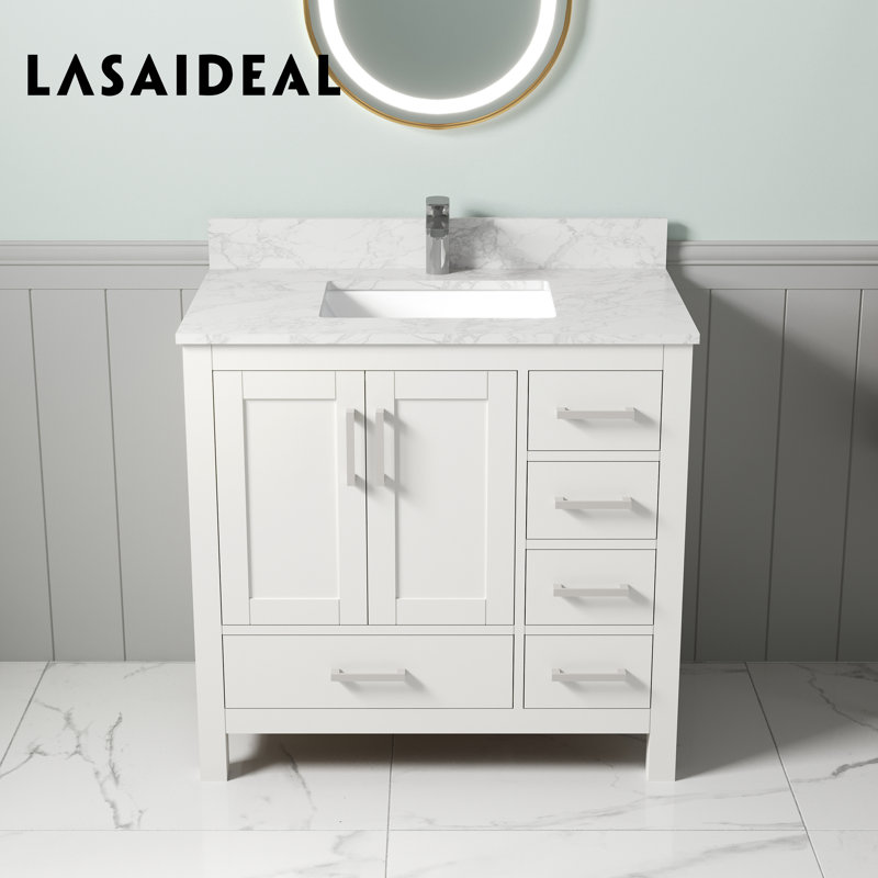  Meuble-lavabo de 36 po avec comptoir à surface solide résistant aux taches, 5 tiroirs internes et installation facile