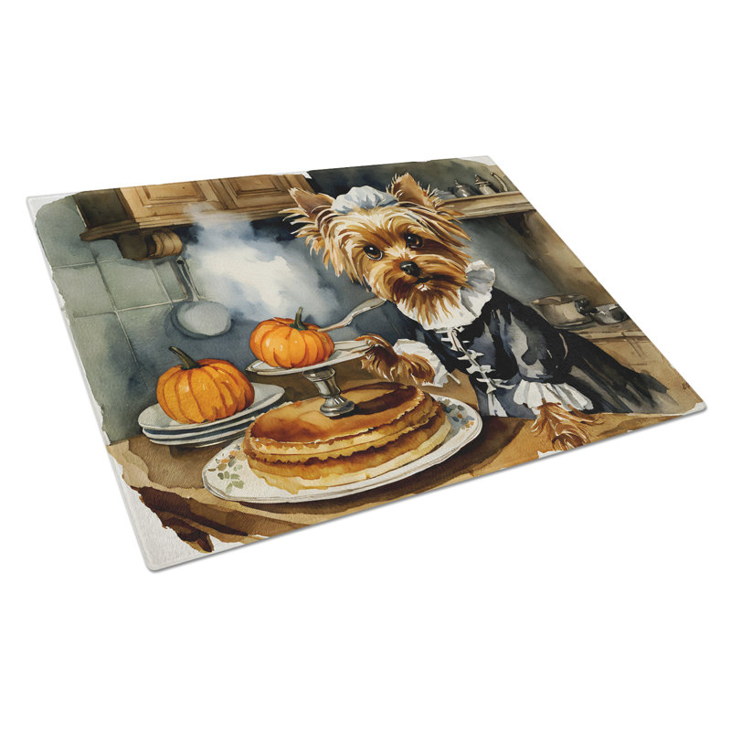 Yorkie Fall Kitchen Pumpkins Glass Cutting Board Large