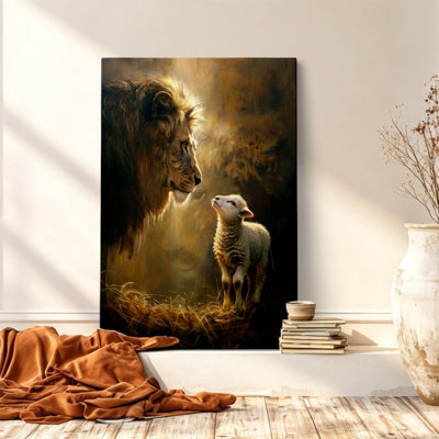 Lion and Lamb Canvas Wall Art  Inspirational Vintage Christian Wildlife Print 12*8 inch- Living Room Decor