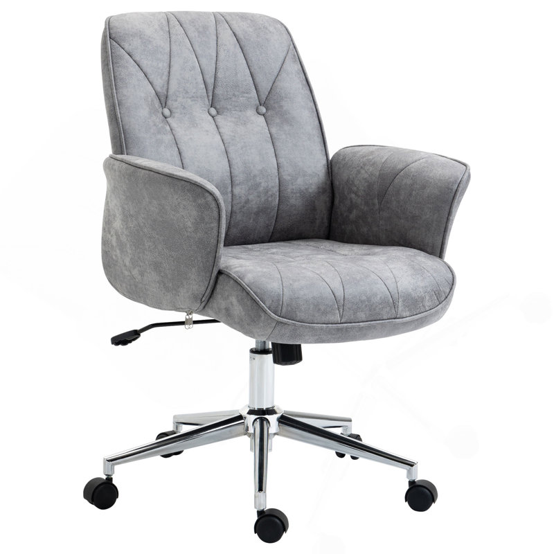 Chaise de bureau en microfibre, chaise de bureau d'ordinateur capitonnée à boutons à hauteur réglable avec roulettes pivotantes, fonction d'inclinaison et accoudoirs rembourrés, gris clair