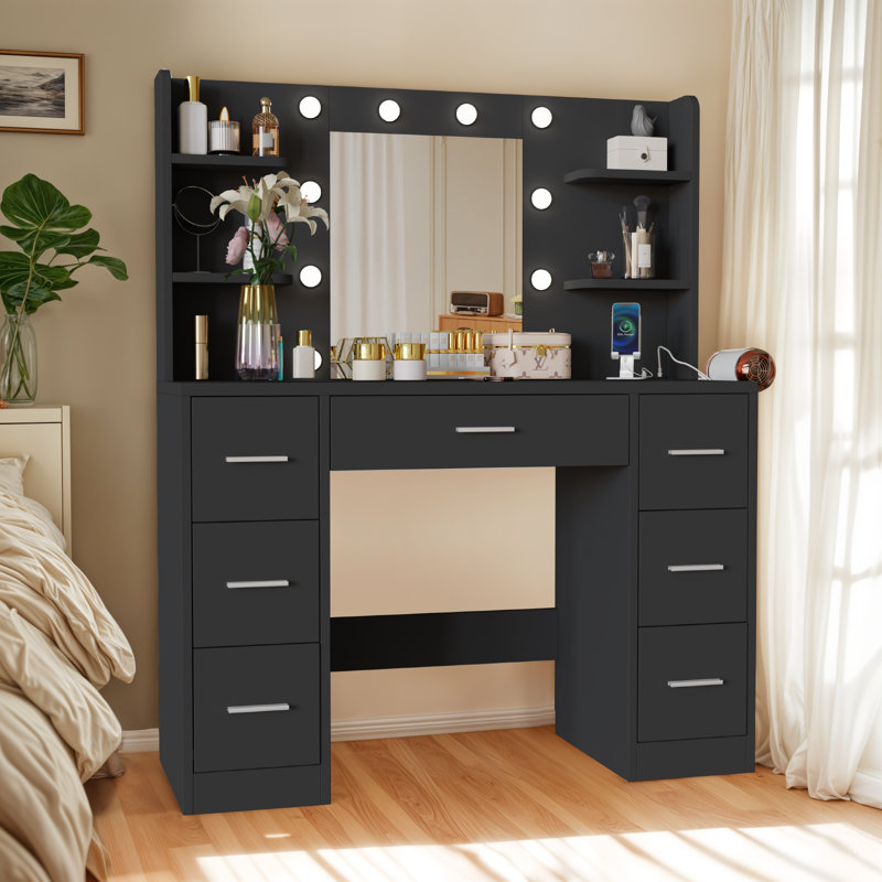 110cm Dressing Table With Power Outlet And Dryer Hook Modern Bulb Light Makeup Vanity, Black