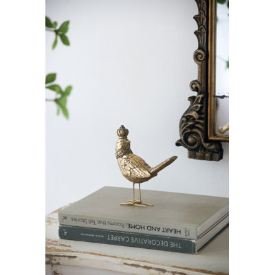 Ensemble de 2 sculptures d'oiseaux dorées avec couronnes ludiques, figurines en résine et en métal de 7 po, décorations fantaisistes pour manteau de cheminée, plateau de table, tablette ou bureau 