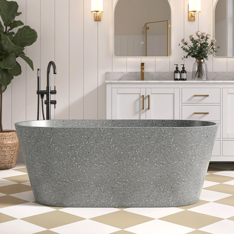 59'' Concrete Freestanding Solid Surface Outdoor Soaking Stone Bathtub Terrazzo, Gray/White