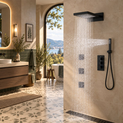 Bojet Thermostatic Shower System with Rough-In Valve, Rainfall & Waterfall Shower Head, 3 Body Massage Jets, Handheld Shower, All-in-One Shower Fixture Kit, Supports Dual Modes Simultaneous Water Output 