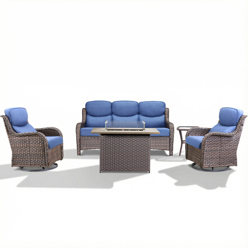 Ensemble de conversation d'extérieur en osier 5 pièces Simino, 5 pièces: canapé, 2 chaises, table de bout, foye, Bleu, Brun
