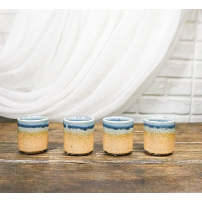 Set of 4 Artistic Blue River Sand Ao Nagashi Porcelain 1.25oz Ochoko Yuzu Cups