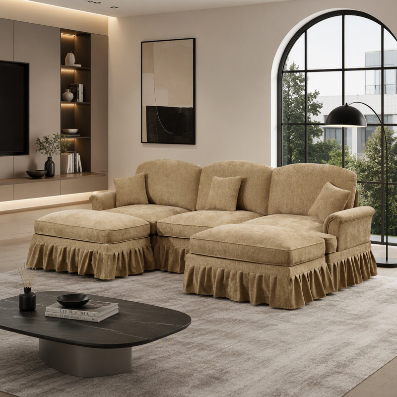 Canapé modulaire en U avec accoudoirs évasés et volants amovibles, Light Coffee, 3 sièges
