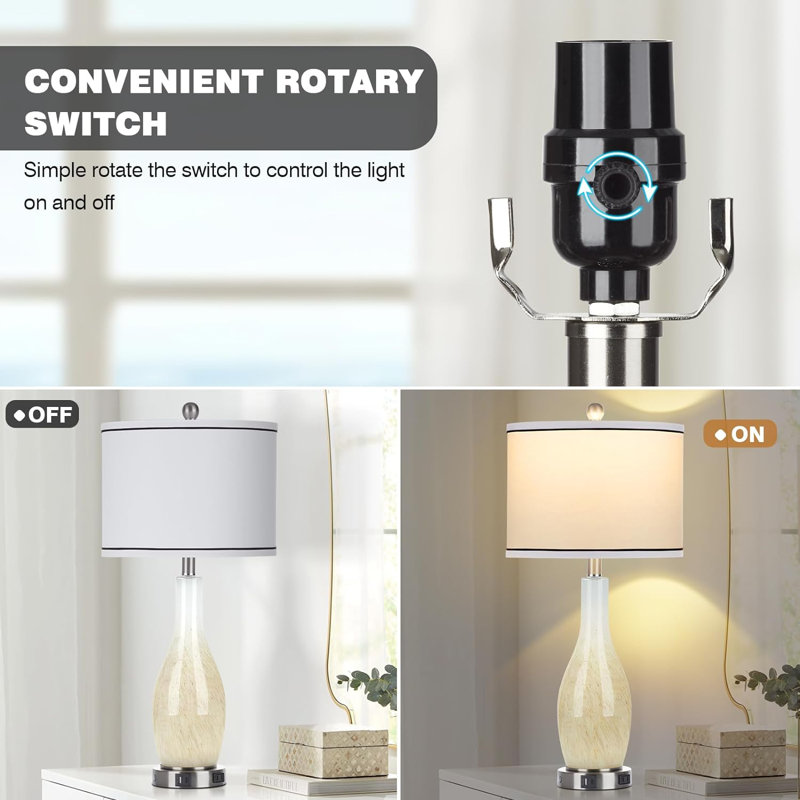 27" Yellow Glass Table Lamp Set with USB Ports and Nightlight