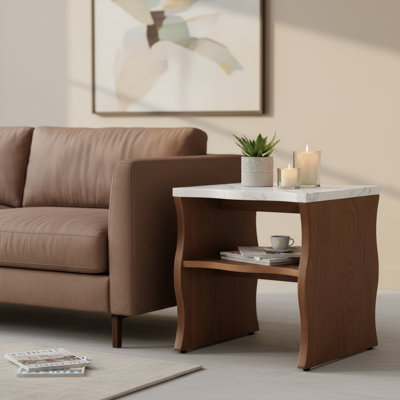 Table d'appoint Mid-Century moderne avec plateau en faux marbre, table de bout à 2 niveaux