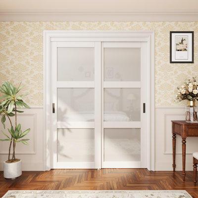 60" x 80" Sliding Closet Doors White and Solid Manufactured Wood With Installation Hardware Kit & Handle