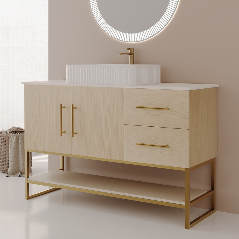 Meuble-lavabo autoportant 36 po avec lavabo en céramique et plateau en pierre frittée 36 po, meuble-lavabo en bois et or pour la salle de bain