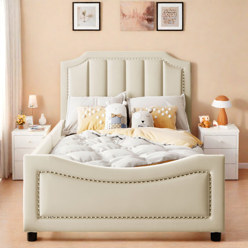 Upholstered Daybed With Classic Stripe Shaped Headboard, Beige