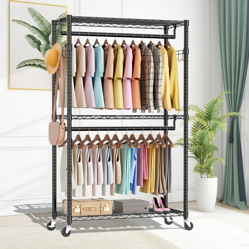 Black Metal Rolling Clothes Rack with Double Rods and Wire Shelves