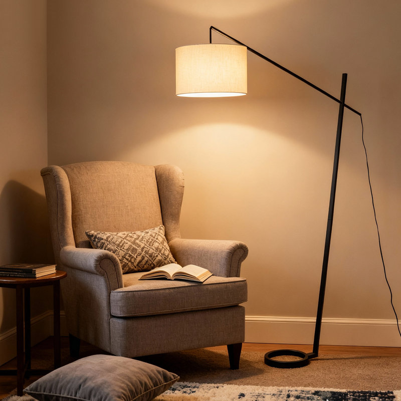 69" Mid-Century Modern Arched Floor Lamp with Space-Saving Ring Base and Drum Shade