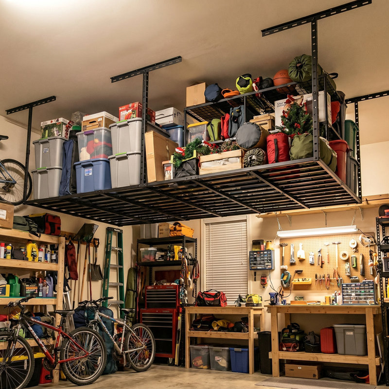 4X8FT Overhead Garage Storage Rack, 22"-40" Height Adjustable Garage Ceiling Storage Racks, Heavy Duty Metal Overhead Storage Organizer System, 800LBS Weight Capacity